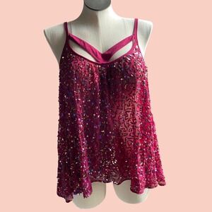 Rudi Sequin Camisole Tank Top Womens XL Fushia Pink Sparkly Party Strappy Sheer